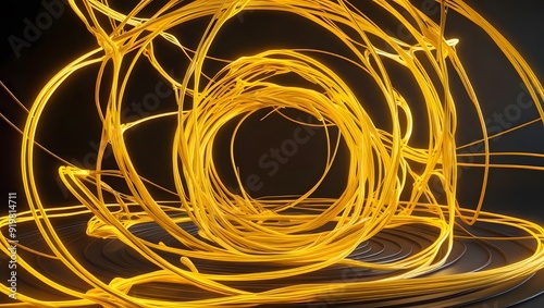 A bright yellow wire twirls in a dark space, illuminating the surroundings with its vibrant hue. GENERATIVE AI