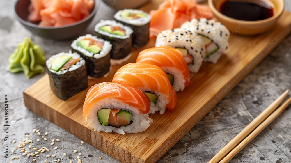 Sushi on a wooden plate. Sushi on a wooden plate.