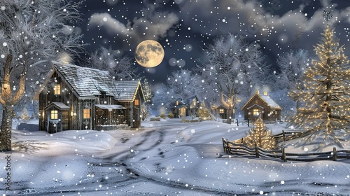 Snowy winter village under a full moon with Christmas trees and falling snow at night