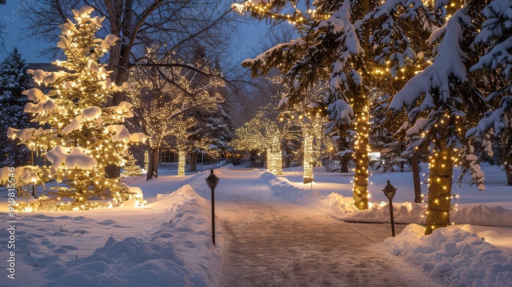 Snowy pathway adorned with twinkling lights during winter evening at a serene park Snowy pathway adorned with twinkling lights during winter evening at a serene park