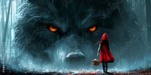 Child little red riding hood walking in the forest with the big bad wolf behind her. She looks scared but continues to walk.  photo