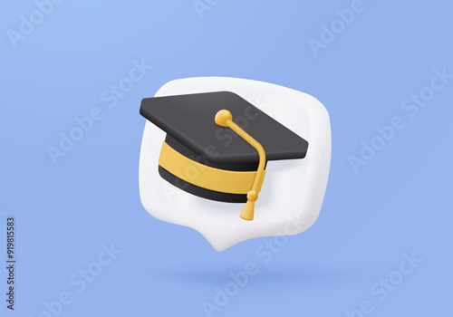 3D college for student, graduation of university. graduation hat and diploma in bubble icon. 3d education diploma icon vector render illustration