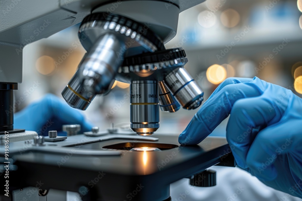 Close-up of gloved hands adjusting the microscope lens in a laboratory setting. Close-up of gloved hands adjusting the microscope lens in a laboratory setting.