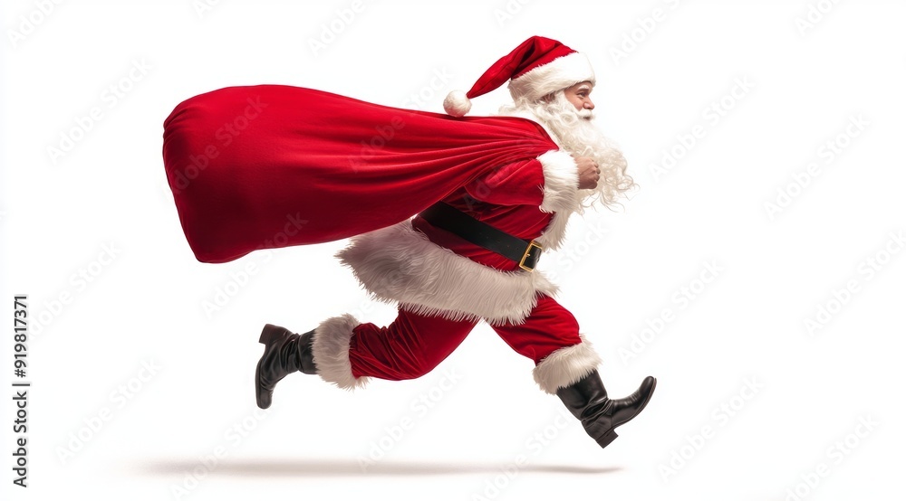 Santa Claus is captured in mid-run, holding a large red sack over his shoulder, embodying the energetic and spirited rush of delivering presents, epitomizing the holiday season's joy and excitement. Santa Claus is captured in mid-run, holding a large red sack over his shoulder, embodying the energetic and spirited rush of delivering presents, epitomizing the holiday season's joy and excitement.