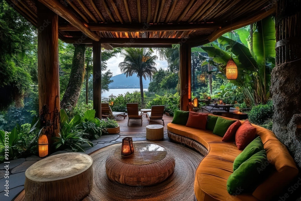 Fototapeta premium Tropical Outdoor Living Space with Lake View - Cozy tropical outdoor living area with wicker furniture, lush greenery, and a serene lake view, perfect for relaxation.