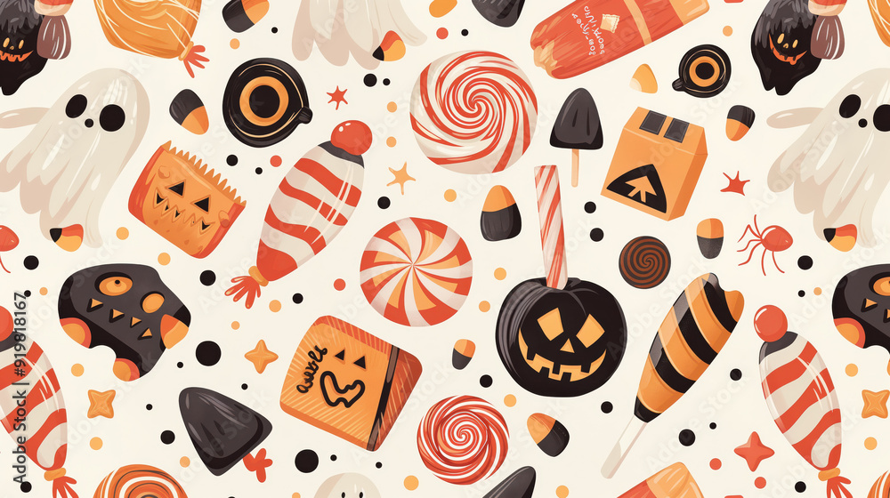 Naklejka premium A Halloween themed pattern of candy and treats
