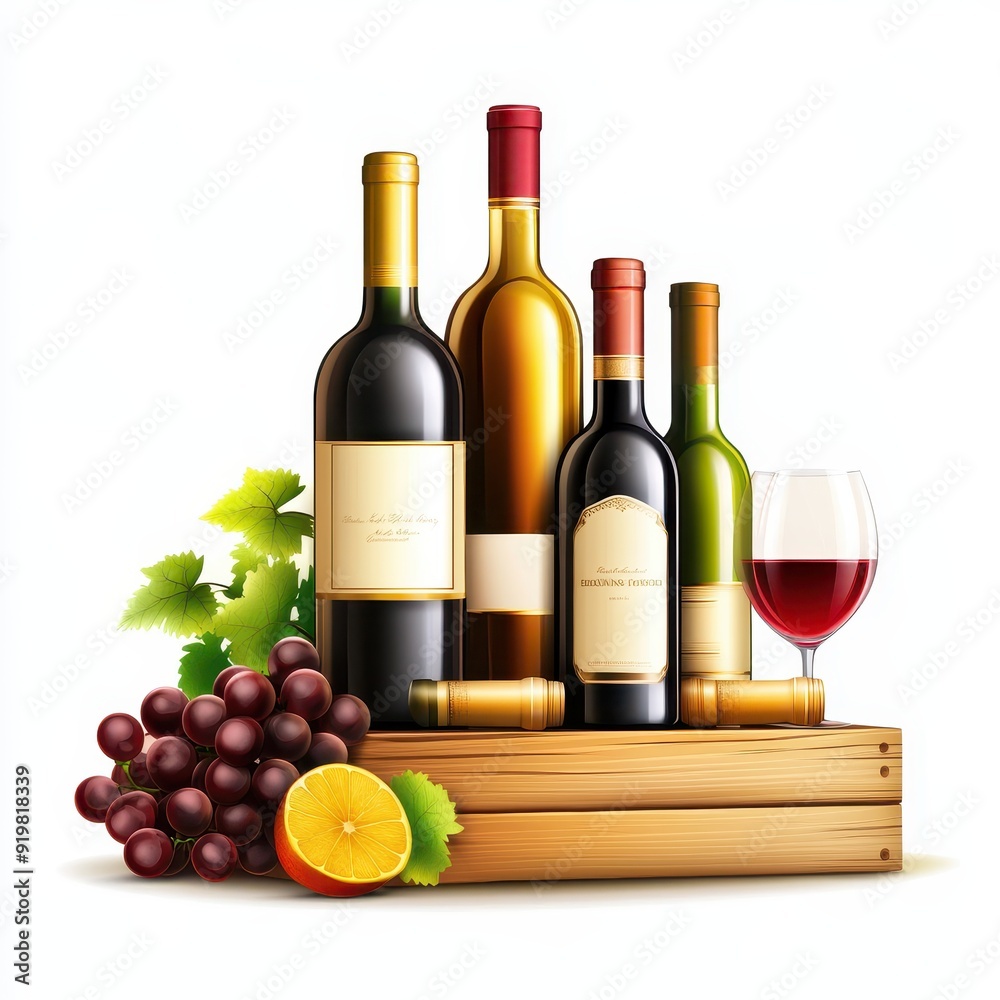 Wooden wine rack with assorted bottles and grapes displayed attractively Wooden wine rack with assorted bottles and grapes displayed attractively