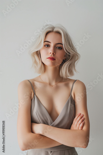 A blonde woman is wearing a gold necklace and a silver dress