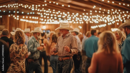 A lively gathering of people dancing and socializing in a rustic barn adorned with hanging string lights. photo
