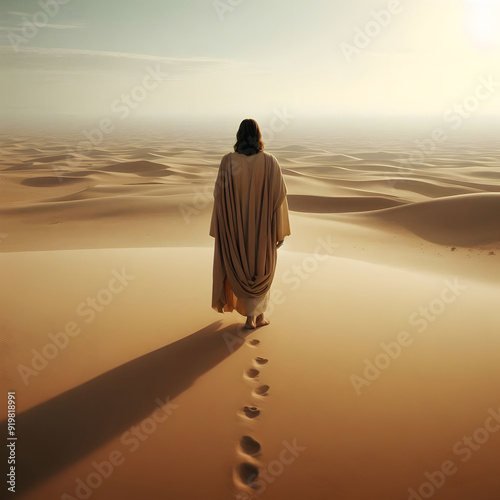 Wallpaper Mural A realistic and evocative image of Jesus walking alone in the vast desert, captured with a profound sense of solitude and spiritual reflection. Jesus is depicted in simple, flowing robes, with His fig Torontodigital.ca