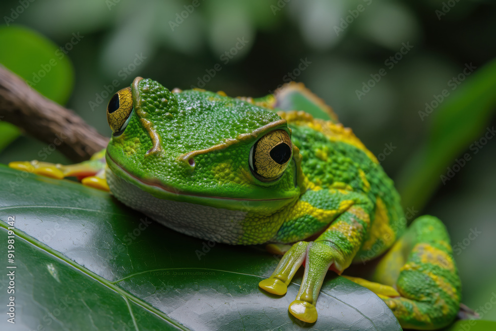 Fototapeta premium A frog is sitting on a leaf and looking at the camera