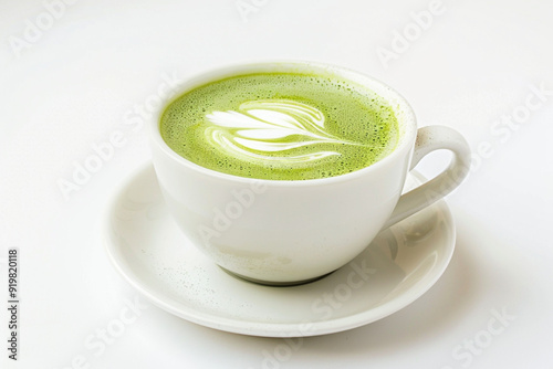 Healthy organic beverage and branches of tea plant on white studio background. Close-up cup green tea matcha mug. Japanese drink made from powder. Copy paste empty place for text