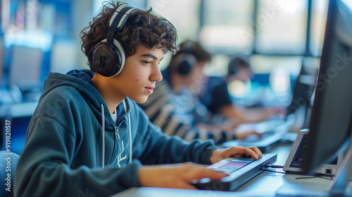 Focused teenage boy using a computer in a classroom setting