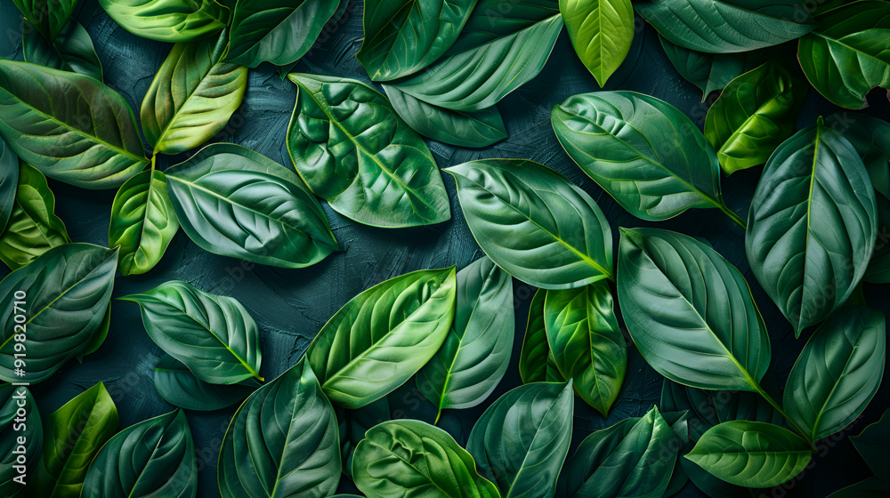 View from above of glossy green leaves, suitable for text overlay as a natural background. View from above of glossy green leaves, suitable for text overlay as a natural background.