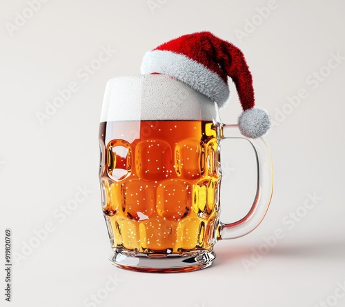 A clear glass beer mug filled with amber beer, topped with a fluffy white foam head, and adorned with a Santa Claus hat, all set against a plain white background. photo