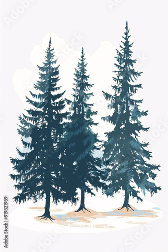 Artistic illustration of fir trees in blue tones, textured layered style against soft muted background, serene natural scene photo