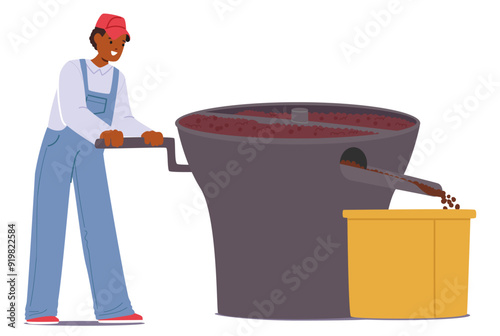 Young Man Stirring A Large Vat Of Freshly Washed Coffee Beans Indicating A Stage In The Wet Processing Of Coffee.