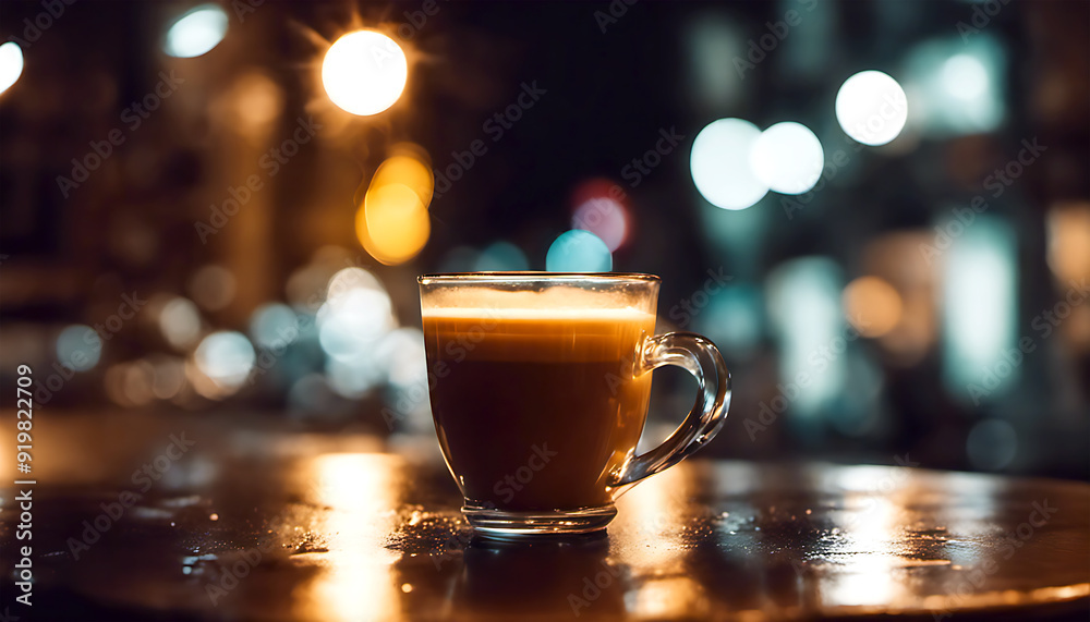 A Cup of coffee on table in street cafe at night A Cup of coffee on table in street cafe at night