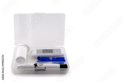 glucometer and lancet device in a plastic box