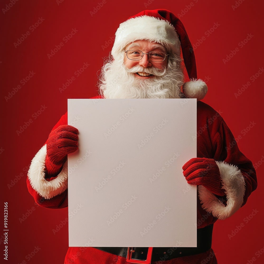 Naklejka premium Santa Claus in his traditional red suit, gloves, and hat, holding a large blank white rectangular vertical sign against a rich red backdrop, ideal for festive messages or promotional content.