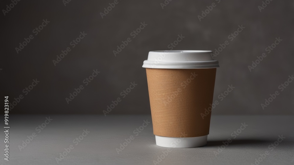Coffee cup made of beige cardboard with a white lid on a light gray background Coffee cup made of beige cardboard with a white lid on a light gray background