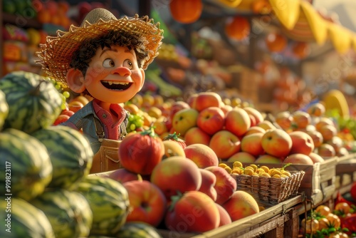 Cheerful Peach Farmer at Vibrant Market With Fresh Produce in Late Summer photo