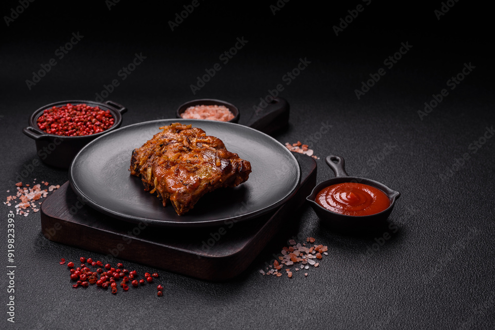 Delicious juicy grilled ribs with honey and mustard sauce with salt, spices and herbs Delicious juicy grilled ribs with honey and mustard sauce with salt, spices and herbs