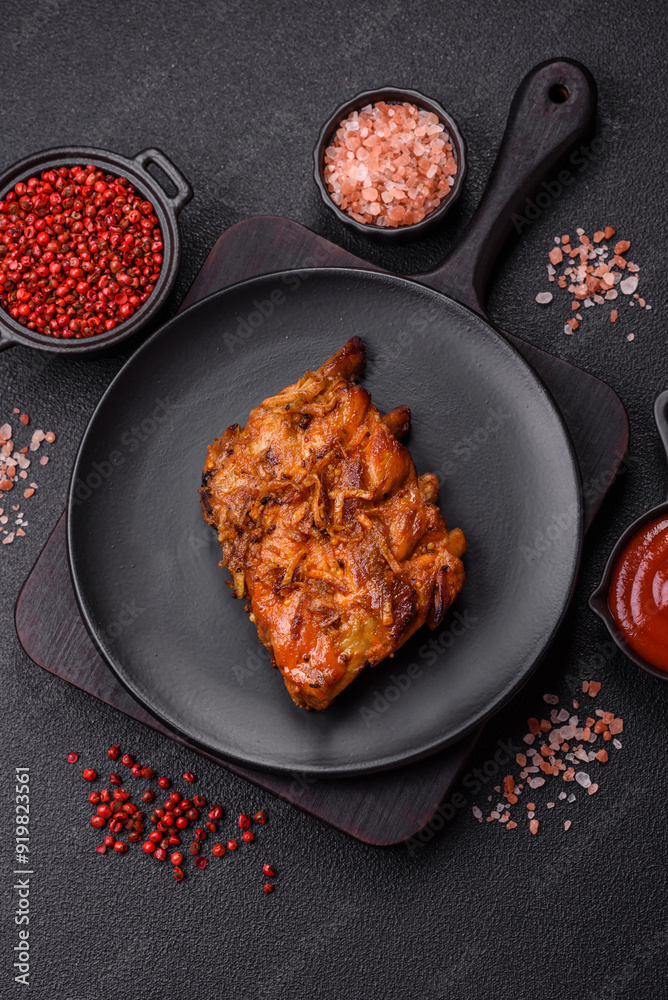 Delicious juicy grilled ribs with honey and mustard sauce with salt, spices and herbs Delicious juicy grilled ribs with honey and mustard sauce with salt, spices and herbs