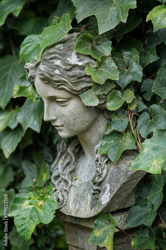 Park sculpture covered with ivy.