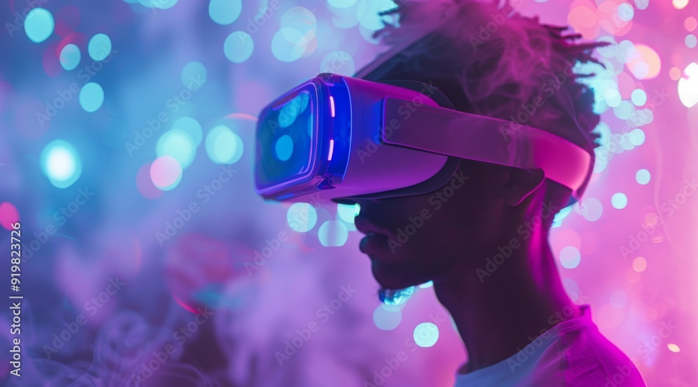 A person fully engaged in a thrilling virtual reality experience wears advanced VR goggles, captivated by vivid lights and dynamic smoke effects that boost the immersion and excitement A person fully engaged in a thrilling virtual reality experience wears advanced VR goggles, captivated by vivid lights and dynamic smoke effects that boost the immersion and excitement