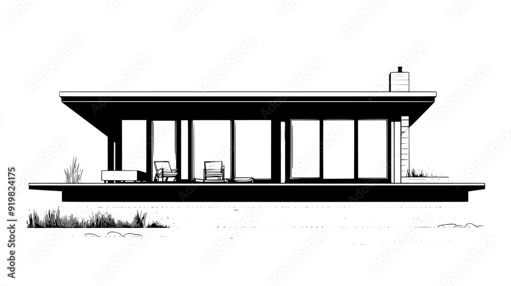 Beachfront bungalow with flat roof, large windows, and expansive deck overlooking the ocean, vector illustration art Beachfront bungalow with flat roof, large windows, and expansive deck overlooking the ocean, vector illustration art