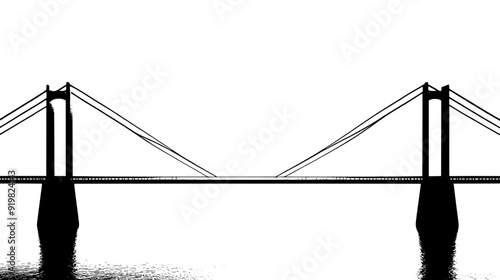 3D visualization of a suspension bridge with support towers and a roadway spanning a river, vector illustration art