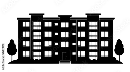 Block of flats with a communal entrance and symmetrical window arrangement, vector illustration art