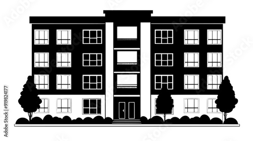 Block of flats with a communal entrance and symmetrical window arrangement, vector illustration art