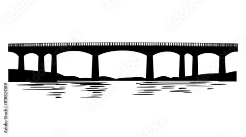 Bridge spanning a wide river, with support pillars and a roadway for vehicle traffic, vector illustration art