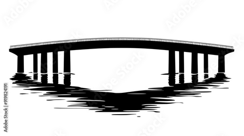 Bridge spanning a wide river, with support pillars and a roadway for vehicle traffic, vector illustration art