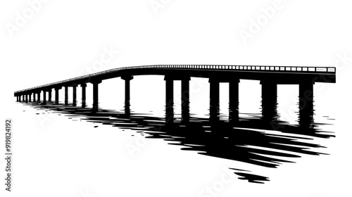 Bridge spanning a wide river, with support pillars and a roadway for vehicle traffic, vector illustration art