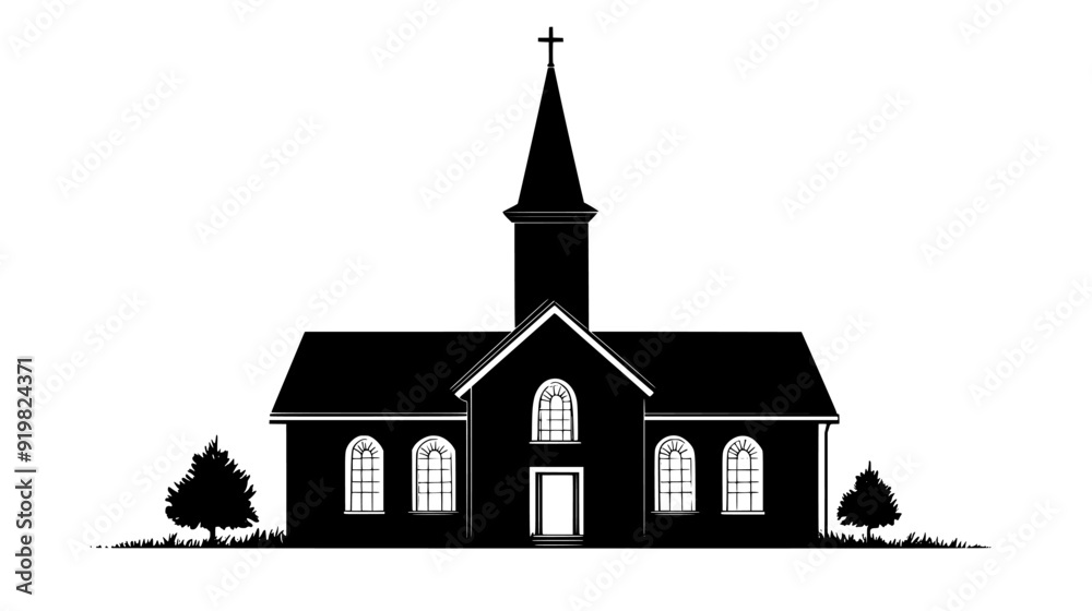 Centuries-old church with a steeple and stained glass windows, vector illustration art Centuries-old church with a steeple and stained glass windows, vector illustration art
