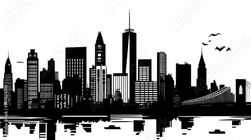Bustling city skyline with tall skyscrapers, mid-rise buildings, and a prominent suspension bridge, vector illustration art