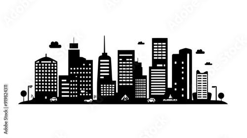 Bustling cityscape with tall buildings, busy streets, and a variety of architectural styles, vector illustration art