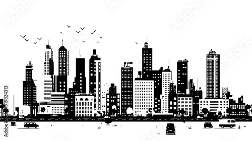 Bustling cityscape with tall buildings, busy streets, and a variety of architectural styles, vector illustration art