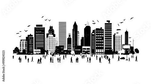 Bustling cityscape with tall buildings, busy streets, and a variety of architectural styles, vector illustration art