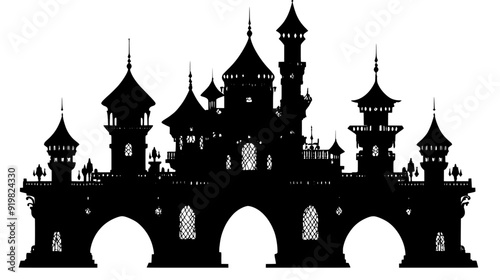 Castle-like structure with towers, turrets, stonework, and arches, vector illustration art