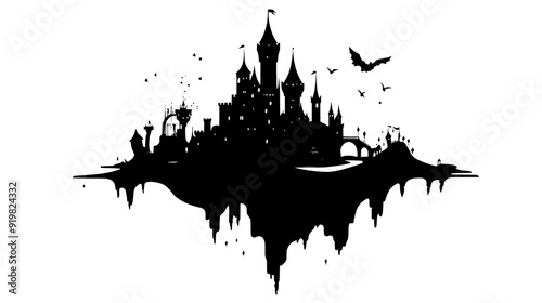 Castle with floating turrets in an otherworldly landscape with magical structures, vector illustration art