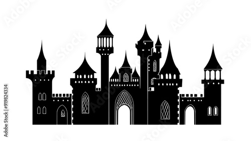 Castle-like structure with towers, turrets, stonework, and arches, vector illustration art