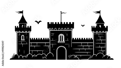 Castle-like structure with turrets, battlements, and a surrounding stone wall, vector illustration art