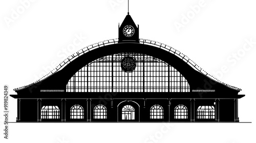 Central train station with expansive arched roof, large entrance doors, and clock tower at one end, vector illustration art