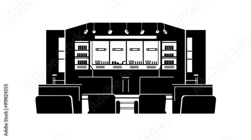 Cinema with multiple screening rooms, concession stands, and ticket counters, vector illustration art