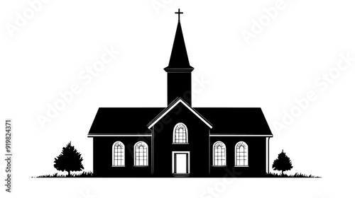 Centuries-old church with a steeple and stained glass windows, vector illustration art