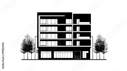 City building with lower retail section and upper residential spaces, vector illustration art